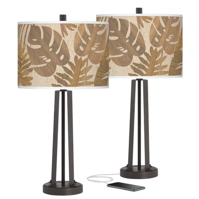 Giclee Glow Tropical Woodwork Susan Dark Bronze Usb Table Lamps Set Of 2