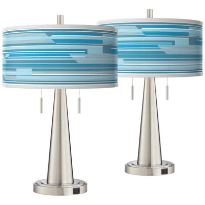 Giclee Glow Urban Stripes Vicki Brushed Nickel Usb Table Lamps Set Of 2