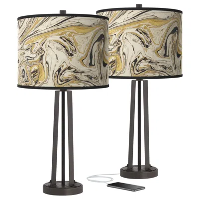 Giclee Glow Venetian Marble Susan Dark Bronze Usb Table Lamps Set Of 2