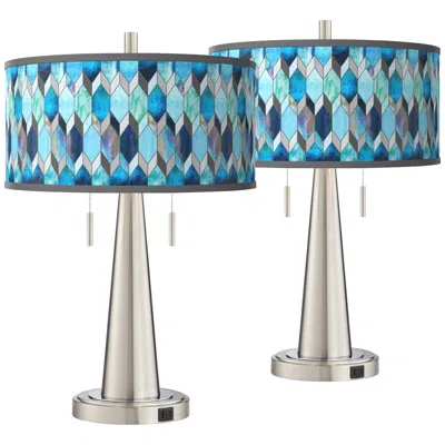 Giclee Glow Vicki 23" Blue Mosaic Shade Nickel Usb Lamps Set Of 2