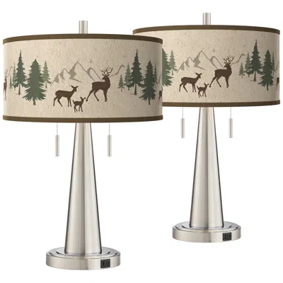 Giclee Glow Vicki 23" Deer Lodge Nickel Usb Table Lamps Set Of 2