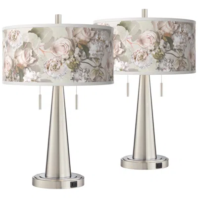 Giclee Glow Vicki 23" Rosy Blossoms And Nickel Usb Lamps Set Of 2