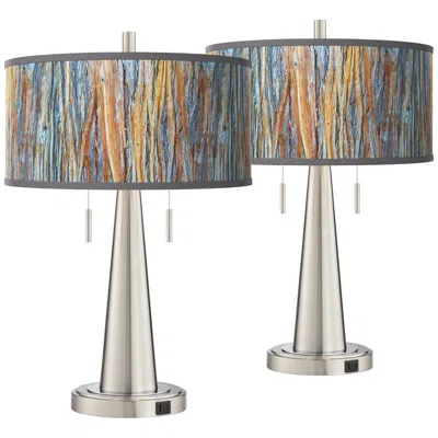 Giclee Glow Vicki 23" Striking Bark Brushed Nickel Usb Lamps Set Of 2