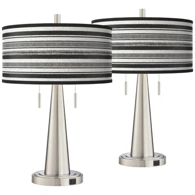 Giclee Glow Vicki 23" Stripes Noir Nickel Usb Table Lamps Set Of 2