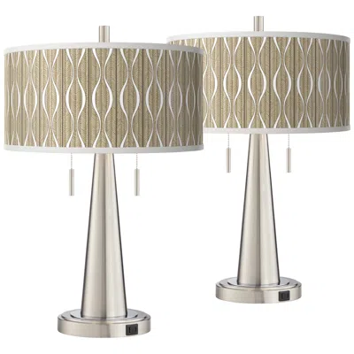 Giclee Glow Vicki 23" Swell Shade With Nickel Usb Table Lamps Set Of 2