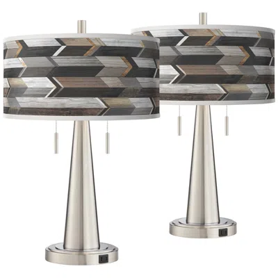 Giclee Glow Woodwork Arrows Vicki Brushed Nickel Usb Table Lamps Set Of 2