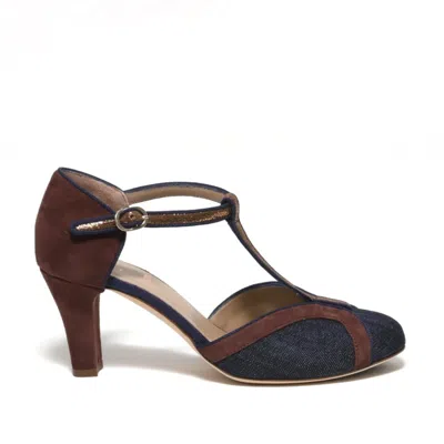 Gielle Charleston Shoe In Denim Fabric And Brown Suede Inserts In Black