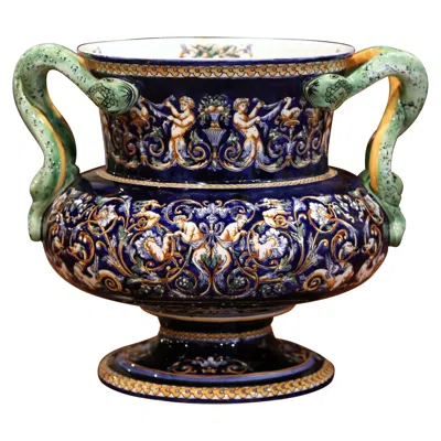Pre-owned Gien 19th Century French Painted Porcelain Cache Pot With Snake Handles From  In Black