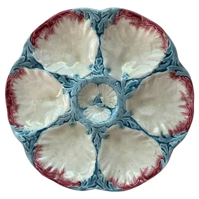 Pre-owned Gien 19th Century Majolica Pink And Blue Oyster Plate