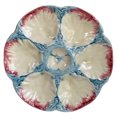 Pre-owned Gien 19th Century Majolica Pink And Blue Oyster Plate