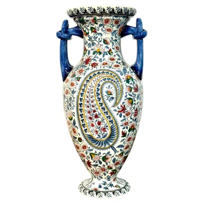 Pre-owned Gien Faience Vase, “cachemire” Pattern With Floral & Paisley Décor In Transparent