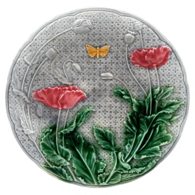 Pre-owned Gien French Majolica Poppies & Butterfly Plate , Circa 1880 In Gray