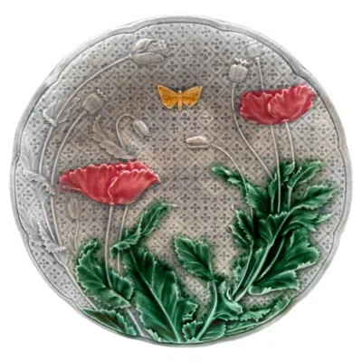Pre-owned Gien French Majolica Poppies & Butterfly Plate , Circa 1880 In Gray