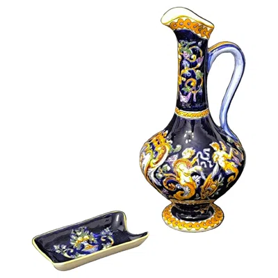 Pre-owned Gien Holiday Gift - Vintage  Faience Ewer And Trinket Dish In Renaissance Decor In Black