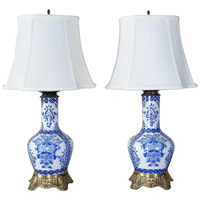 Pre-owned Gien Pair Of 19th Century Blue & White Faience Bronze-mounted Lamps