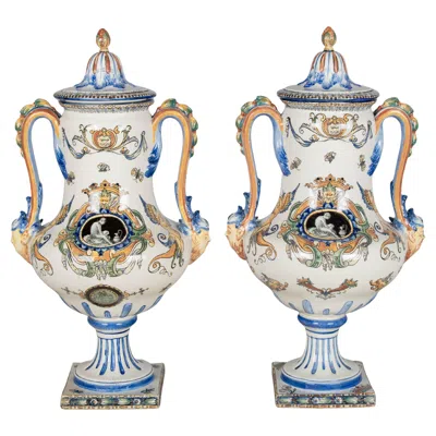 Pre-owned Gien Pair Of 19th Century French  Faience Urns, Hand-painted, Louis Xv In Transparent