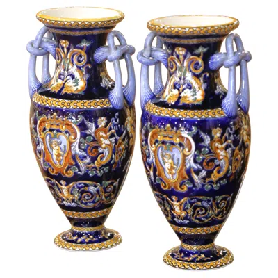 Pre-owned Gien Pair Of Early 20th C. Faience Vases With Hand-painted Cherub Motifs From  In Brown