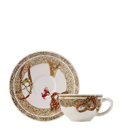 Gien Set Of 2 Chevaux Du Vent Tea Cups And Saucers In Brown