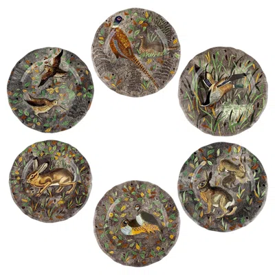 Pre-owned Gien Set Of 6  Rambouillet Hand-painted Hunting Scene Ceramic Dinner Plates In Gray