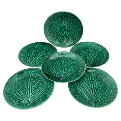 Pre-owned Gien Set Of 6 Green Majolica Leaf Plates  Circa 1950