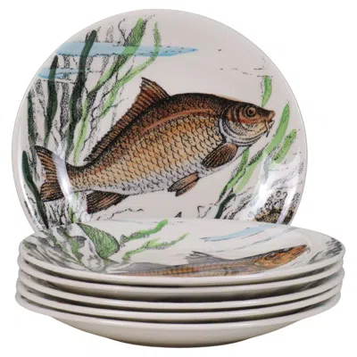 Pre-owned Gien Set Of Six  “sologne” French Faience Dinner Plates With Fish Motif In Gray