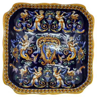 Pre-owned Gien Square Platter, Italian Renaissance Design, Blue Faïence, France