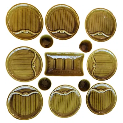 Pre-owned Gien Vintage Olive Green Earthenware Serveware Set, Mid-century Modern
