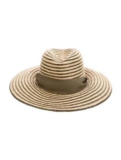 Pre-owned Gigi Burris Pattern Print Straw Woven Wide Brim Sun Hat In Neutrals