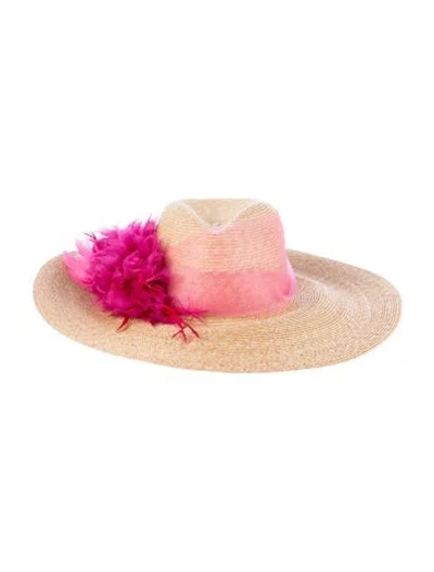 Pre-owned Gigi Burris Straw Feather Embellished Wide Brim Panama Hat In Neutral
