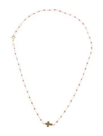Pre-owned Gigi Clozeau 18k Enamel Side Cross Charm Classic Gigi Mimosa Necklace, 16.5" In Orange