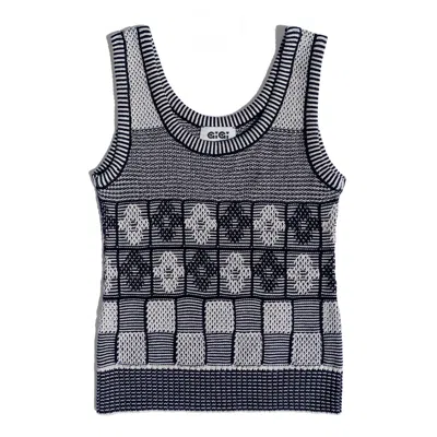 Gigi Knitwear Women's Black Lila Flower Check Tanktop, Navy & Ivory