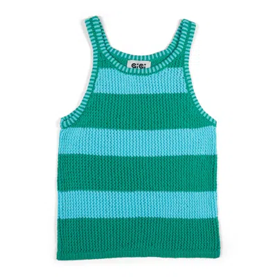 Gigi Knitwear Women's Mesh Cotton Tank Top In Turquoise & Green Stripe