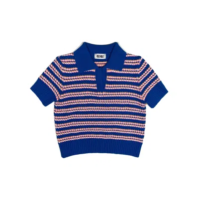 Gigi Knitwear Women's Stripe Polo Top In Cobalt Blue Multi