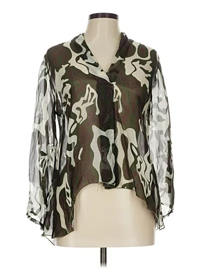 Pre-owned Gigi Moda 3/4 Sleeve Silk Top Green Camo Pattern Cowl Neck Tops