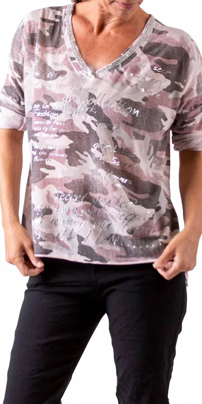 Gigi Moda Alana Camo Sweater With Writing In Pink In Multi