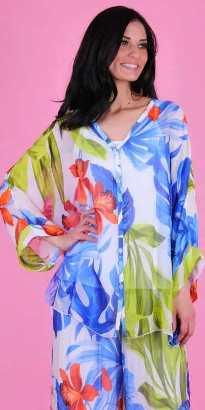 Gigi Moda Angelo Tropical Silk Blouse In Royal Blue In Multi