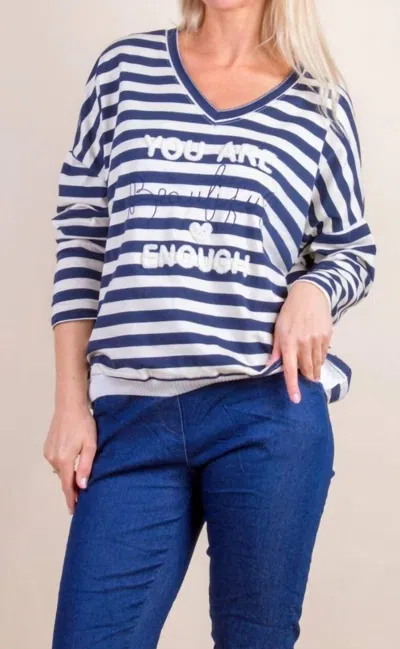 Gigi Moda Bellissima Stripe V-neck Sweater In Navy/beige In Brown