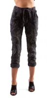 Gigi Moda Brillare Silver Glitter Splashed Paint Tie Waist Cropped Pants In Charcoal In Pink