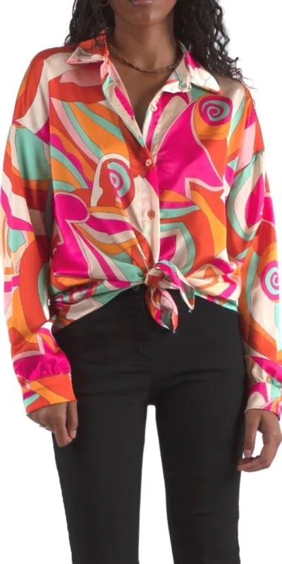 Gigi Moda Discoteca Long Sleeve Button Down Shirt In Orange In Pink