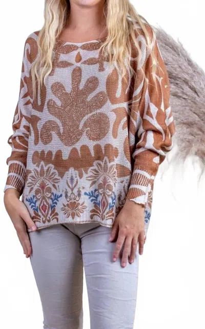 Gigi Moda Emy Batwing Sweater With Azulejo Print In Camel In Brown
