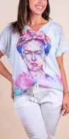 Gigi Moda Frida Kahlo Gina Short Sleeve Top In Dove Gray In Blue