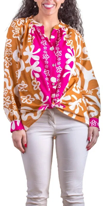 Gigi Moda Two-tone Aloha Print Shirt In Hot Pink/rust In Multi