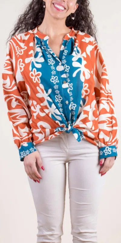 Gigi Moda Two-tone Aloha Print Shirt In Teal/rust In Blue
