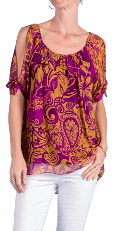Gigi Moda Vacanza Silk Short Sleeve Blouse In Mustard/burgundy In Multi