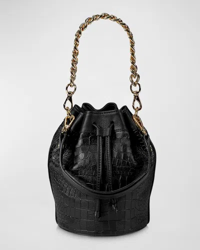 Gigi New York Brooklyn Croc-embossed Bucket Bag In Black