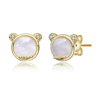 Gigigirl 14k Gold Plated Mother Of Pearl & Clear Cubic Zirconia Bear Stud Earrings For Kids