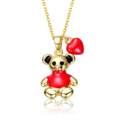 Gigigirl 14k Gold Plated With Black & Red Enamel Teddy Bear & Heart Pendant Necklace For Kids