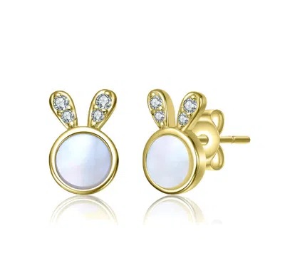 Gigigirl 14k Gold Plated With Mother Of Pearl & Clear Cubic Zirconia Bunny Design Stud Earrings For Kids