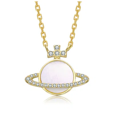 Gigigirl 14k Gold Plated With Mother Of Pearl & Clear Cubic Zirconia Saturn-inspired Necklace For Kids