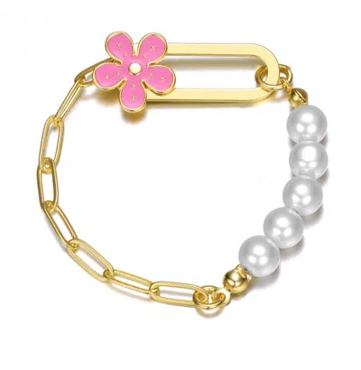 Gigigirl 14k Gold Plated With Pearls And Enamel Flower Clasp Bracelet For Kids